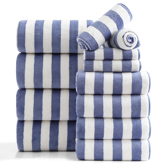 Smuge 12 Pcs Stripe Family Bath Towels Set - 4 Bath Sheet Towels, 4 Hand Towels, 4 Washcloths, Microfiber Soft Shower Towel for Bathroom Gym Spa(Purple Blue)