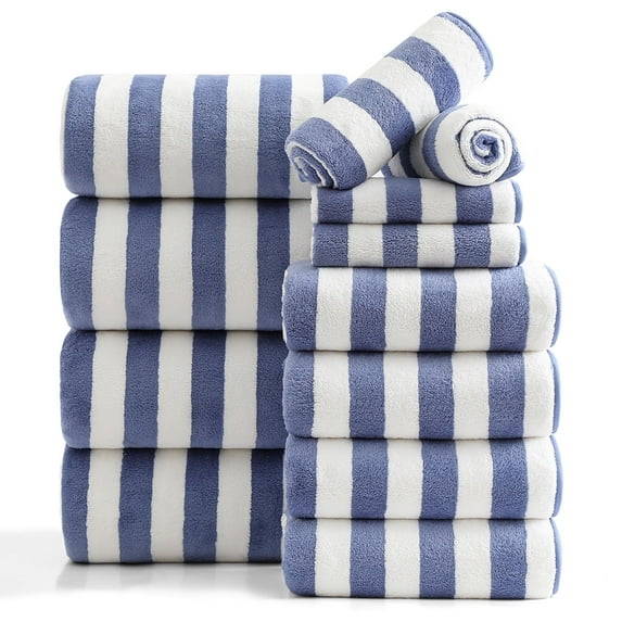 Smuge 12 Pcs Stripe Family Bath Towels Set - 4 Bath Sheet Towels, 4 Hand Towels, 4 Washcloths, Microfiber Soft Shower Towel for Bathroom Gym Spa(Purple Blue)