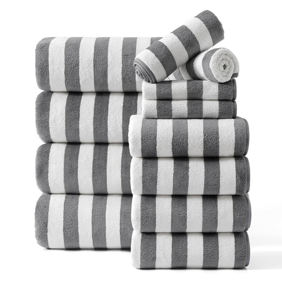 Smuge 12 Pcs Stripe Family Bath Towels Set - 4 Bath Sheet Towels, 4 Hand Towels, 4 Washcloths, Microfiber Soft Shower Towel for Bathroom Gym Spa(Dark Gray)