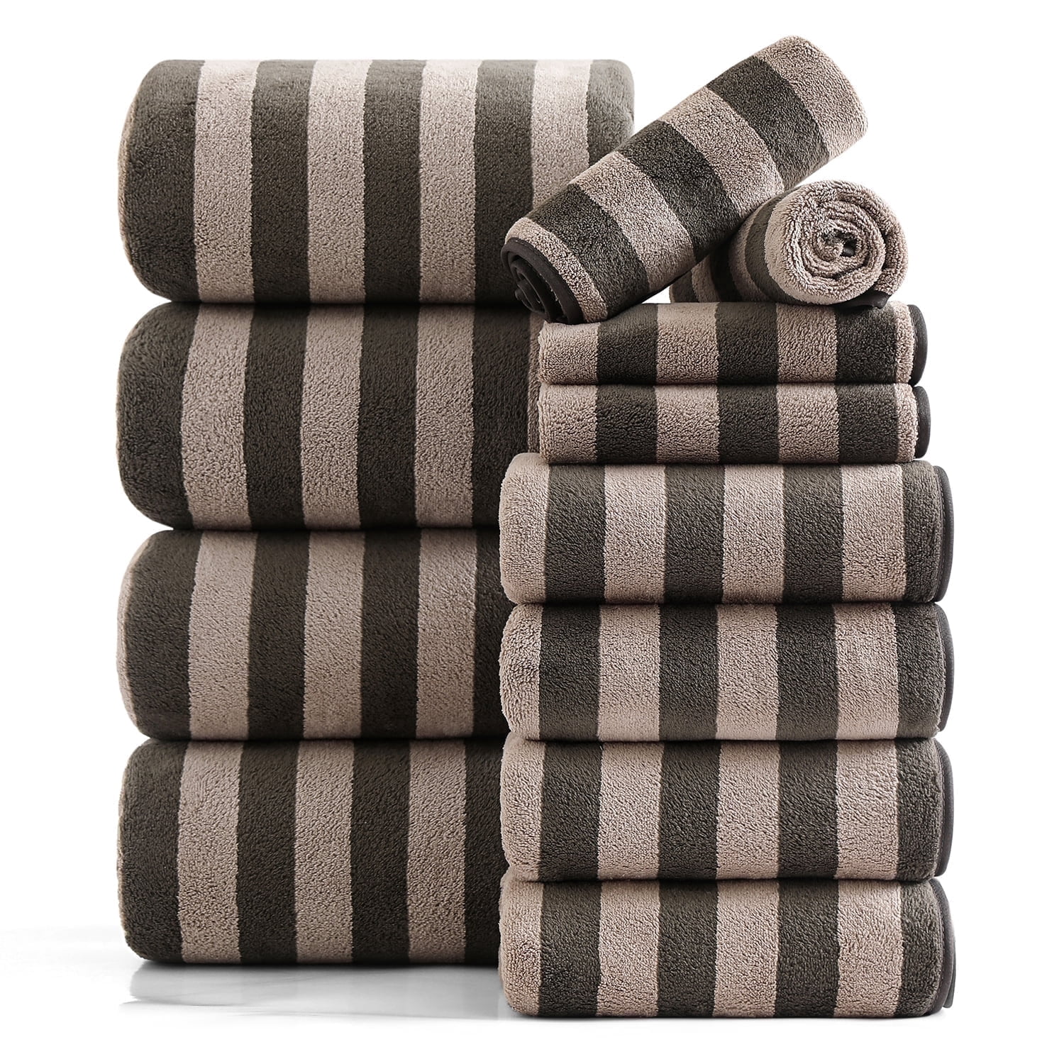 Smuge 12 Pcs Stripe Family Bath Towels Set - 4 Bath Sheet Towels, 4 Hand Towels, 4 Washcloths, Microfiber Soft Shower Towel for Bathroom Gym Spa(Dark Coffee)