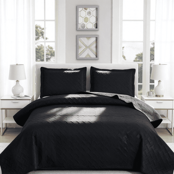 Smuge 3 Piece Full/Queen Size Solid Color Quilt Set, Reversible Microfiber Lightweight Bedspread Coverlet,Black Gray