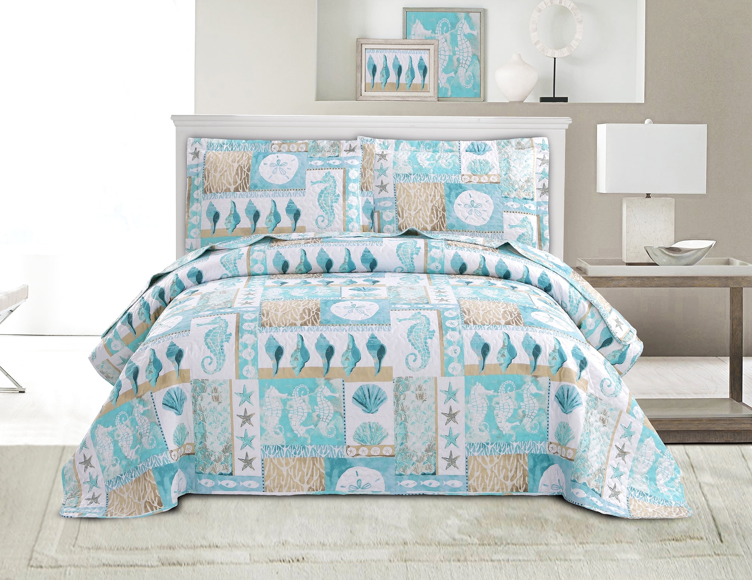 Smuge Blue Ocean Quilts Set Full/Queen Size Lightweight Beach ...
