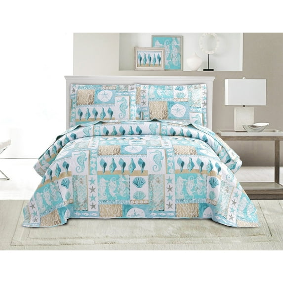Smuge Blue Ocean Quilts Set King Size Lightweight Beach Bedspreads Coastal Conch Seahorse Starfish Seashell Bedding 3 PCS ( 1 Reversible Microfiber Quilted Coverlet and 2 Pillow Shams), Green