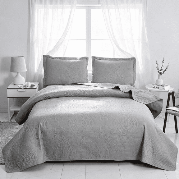 Smuge 3 Piece King Size Solid Color Quilt Set, Reversible Microfiber Lightweight Bedspread Coverlet,Light Gray