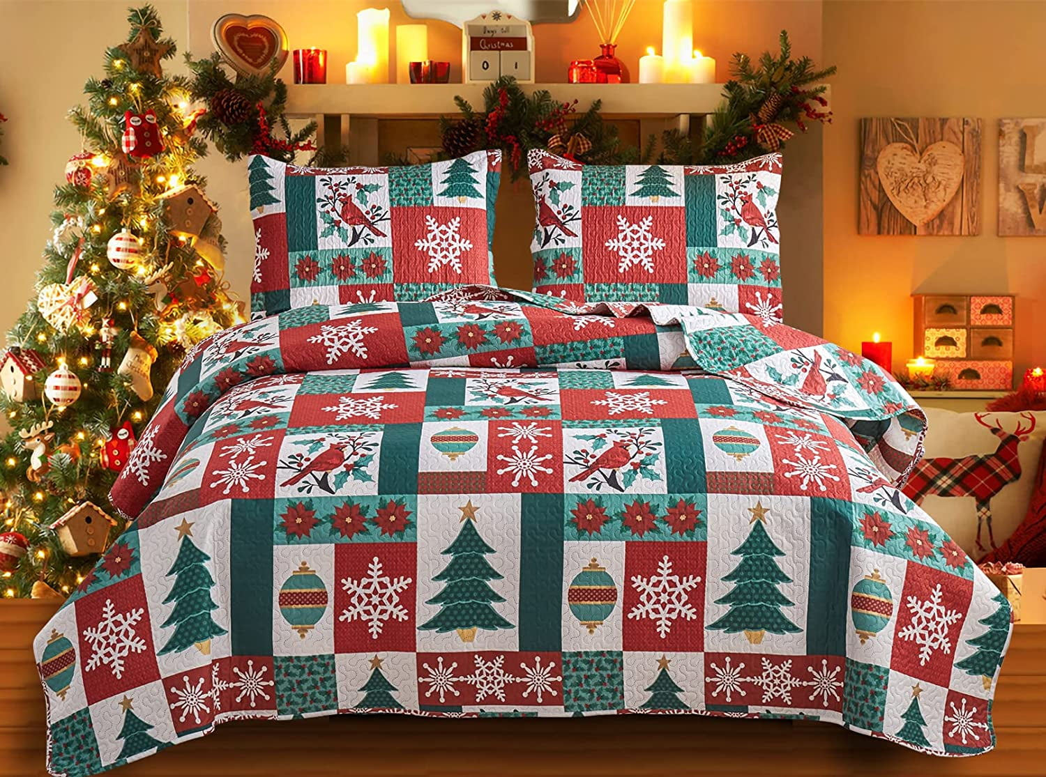 Smuge Christmas Green Red Plaid Snowflake Bedding Set Queen Full Size