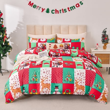 Smuge Christmas Duvet Cover Twin Size Comforter Cover Reindeer Santa Claus Snowflake Snowman Xmas Quilt Case Soft Bedding Quilt Cover with 2 Pillow Shams-Red Green