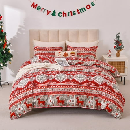 Smuge Christmas Duvet Cover Twin Size Comforter Cover Red Reindeer Snowflake Quilt Case Soft Bedding Quilt Cover with 2 Pillow Shams