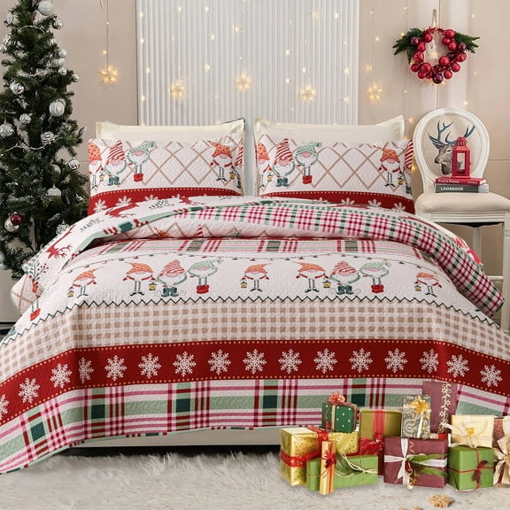 Smuge Christmas Quilt Sets King Size Reindeer Bedding Sets Snowflake Elf Bedspread Lightweight Coverlet with 2 Pillow Shams, Red Plaid