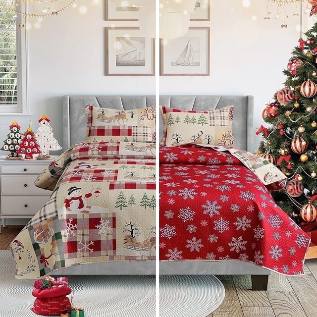 Smuge Christmas Quilt Sets Queen Full Size Reindeer Bedding Sets Snowman Xmas Bedspread Lightweight Snowflake Coverlet with 2 Pillow Shams, Beige Green