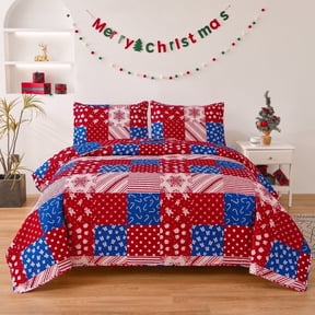 Smuge Christmas Quilt Sets Queen Full Size Snowflake Santa Claus Bedding Sets Reversible Bedspread Lightweight Coverlet with 2 Pillow Shams, Red Navy Blue