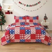 Smuge 3-Piece Christmas Quilt Sets Queen/Full Size Snowman Christmas Tree Bedding Sets Bedspread Lightweight Coverlet with 2 Pillow Shams, Red Plaid Stripe