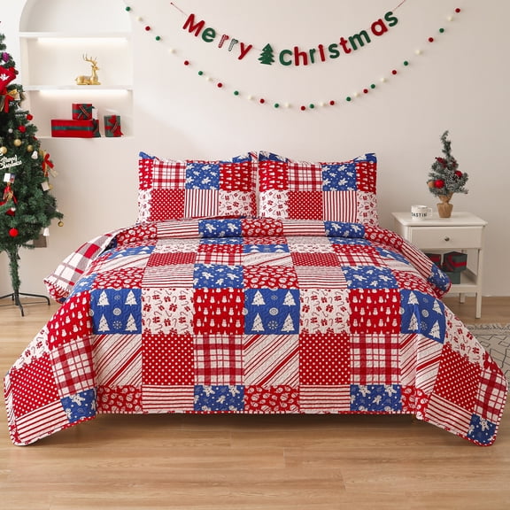 Smuge Christmas Quilt Sets Queen Full Size Snowman Christmas Tree Bedding Sets Bedspread Lightweight Coverlet with 2 Pillow Shams, Red Plaid Stripe