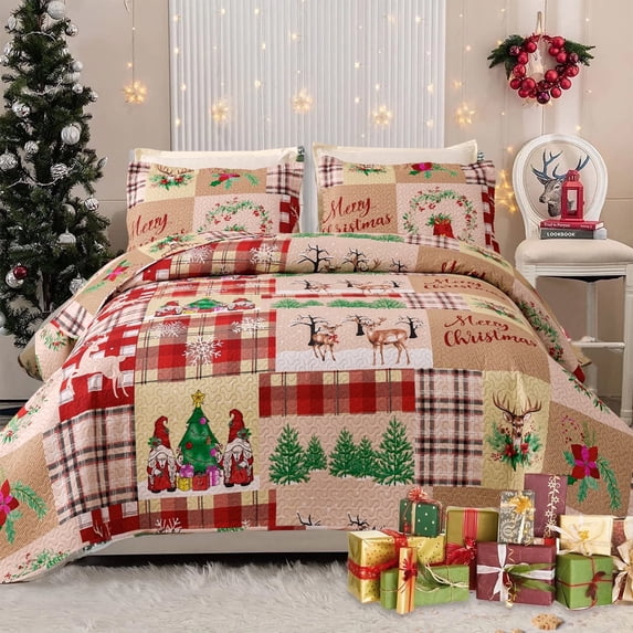 Smuge Christmas Quilt Sets Queen Size Reindeer Bedding Sets Elf Snowflake Wreath Bedspread Lightweight Coverlet with 2 Pillow Shams, Red Khaki