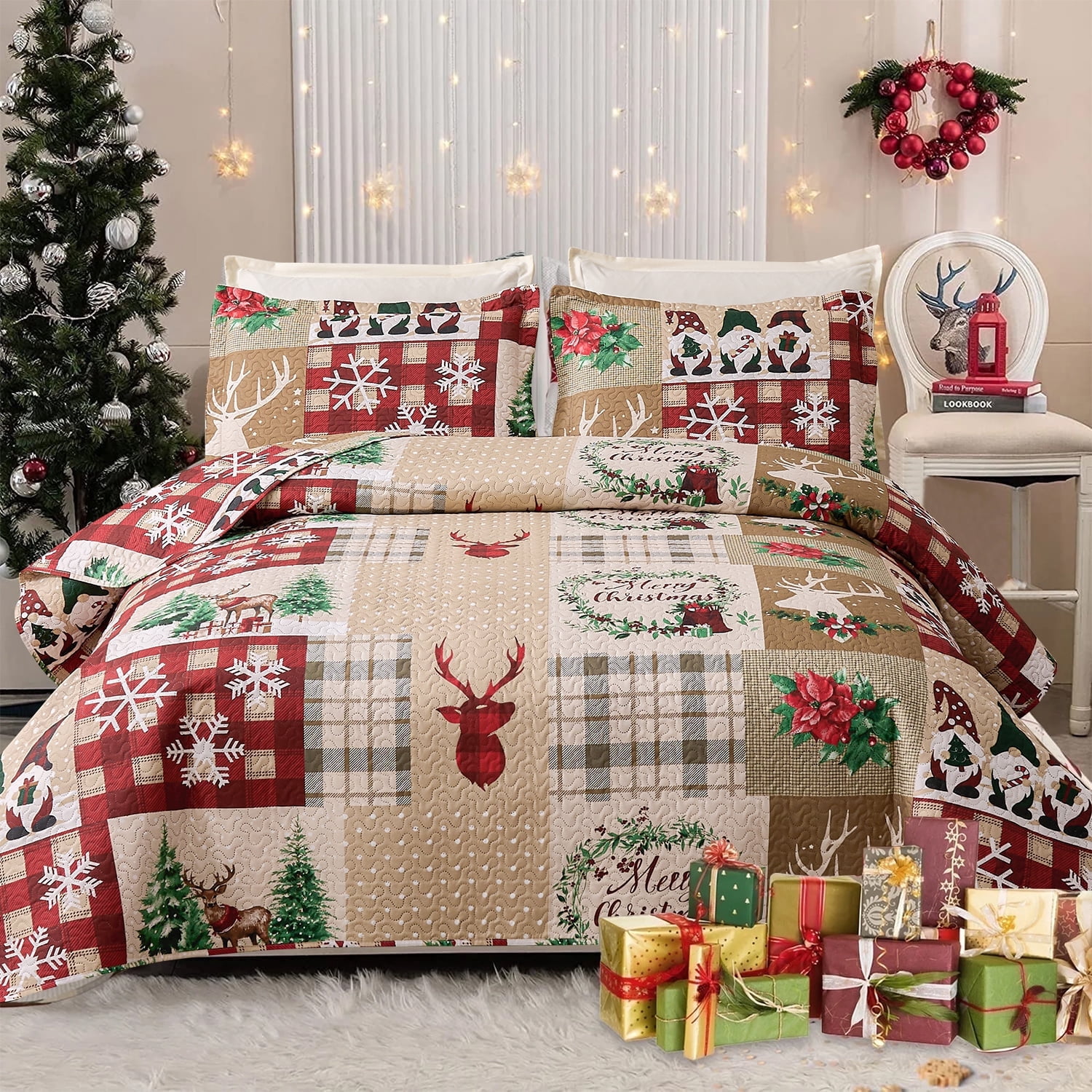 Smuge Christmas Quilt Sets Twin Size Deer Bedding Sets Snowflake Wreath Xmas Bedspread Lightweight Coverlet with 2 Pillow Shams, Red Beige Green
