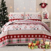 Smuge Christmas Quilt Sets Twin Size Reindeer Bedding Sets Snowflake Elf Bedspread Lightweight Coverlet with 2 Pillow Shams, Red Plaid
