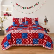 Smuge Christmas Quilt Sets Twin Size Snowflake Santa Claus Bedding Sets Reversible Bedspread Lightweight Coverlet with 2 Pillow Shams, Red Navy Blue