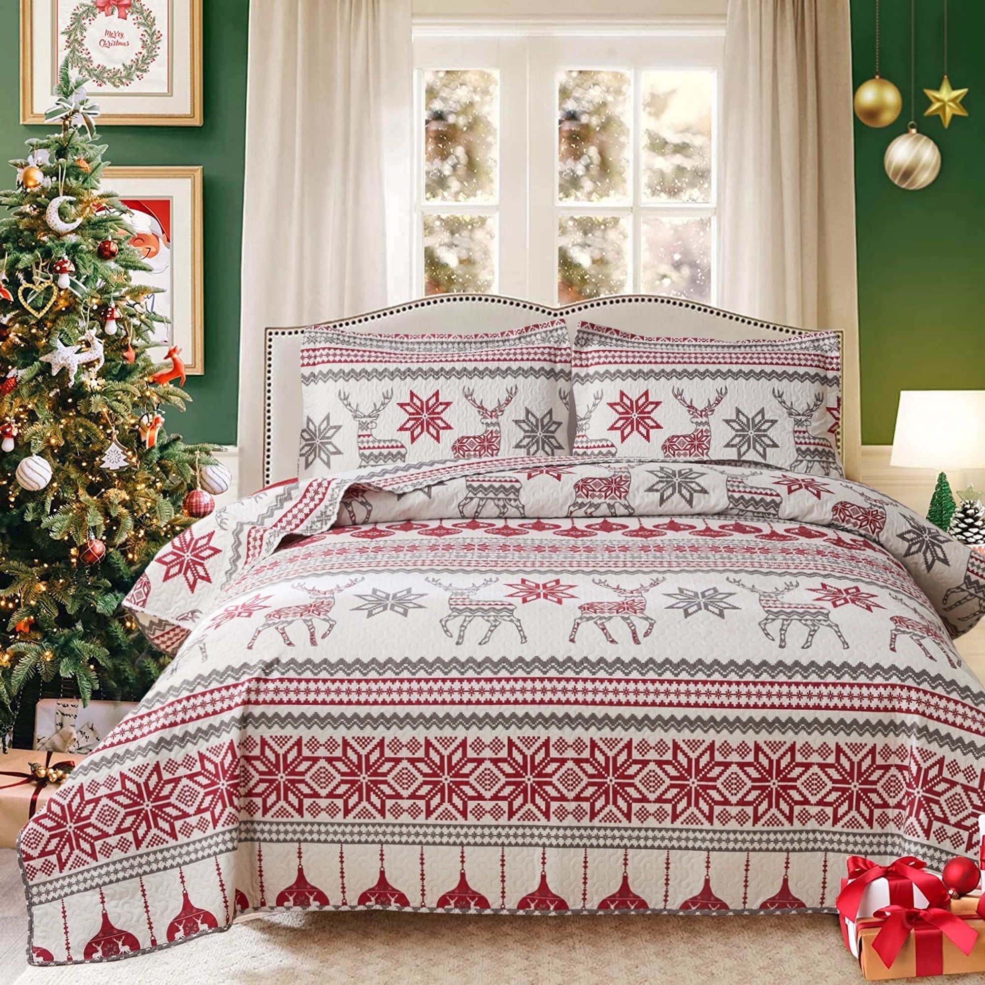 Smuge Christmas Red Gray Snowflake Bedding Sets King Size Reindeer Quilt Sets Lantarn Bedspread Coverlet Set with 2 Pillow Shams