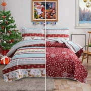Smuge Christmas Reindeer Bedding Sets King Size Rustic Quilt Sets Microfiber Tree Xmas Bedspread Snowflake Coverlet Set with 2 Pillow Shams,Red Stripe