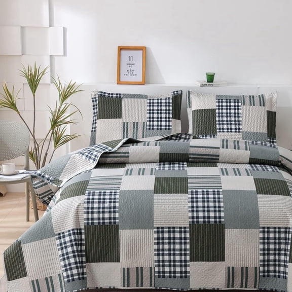 Smuge Coffee Blue Plaid Patchwork Reversible Microfiber Twin Quilt Set Lightweight, 3 Piece