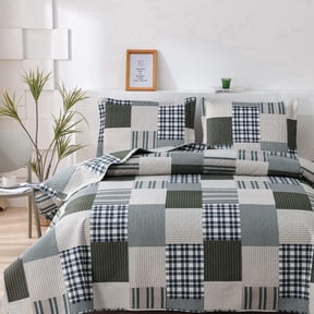 Smuge 3 Piece Twin Size Reversible Check Plaid Patchwork Quilt Set, Olive Grey Check Microfiber Coverlet, Lightweight All Season Bedspread Bedding
