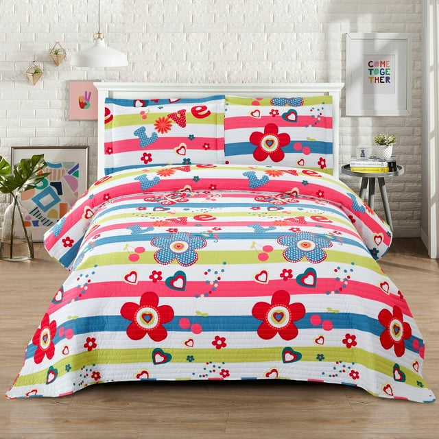 Smuge Queen Size Floral Quilt Set Lightweight Microfiber Bedspread