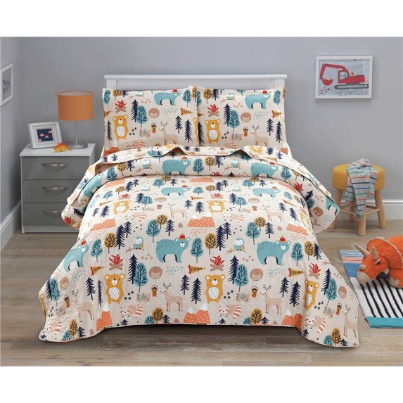 Smuge Kids Quilt Bedspreads Twin Size Bear Bedding Set, 3Pcs Forest Trees Animals Coverlets Set, Lightweight Reversible Cartoon Bedspread Deer Owl Bedding Pillow Shams
