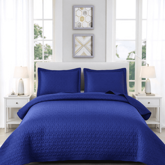 Smuge 3 Piece Full/Queen Size Solid Color Quilt Set, Reversible Microfiber Lightweight Bedspread Coverlet,Navy Blue