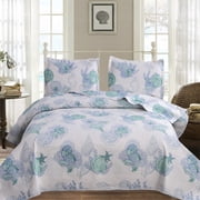Smuge Ocean Quilt King Size, 3 Piece Lightweight Beach Bedspread with 2 Pillow Shams, Blue Teal
