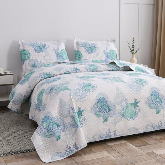 Smuge Ocean Quilt Twin Size, 3 Piece Lightweight Beach Bedspread with 2 Pillow Shams, Blue Teal