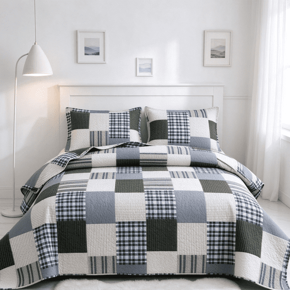 Smuge 3 Piece Full/Queen Size Reversible Check Plaid Patchwork Quilt Set, Lightweight Soft Microfiber Coverlet Bedspread,Olive Grey Check