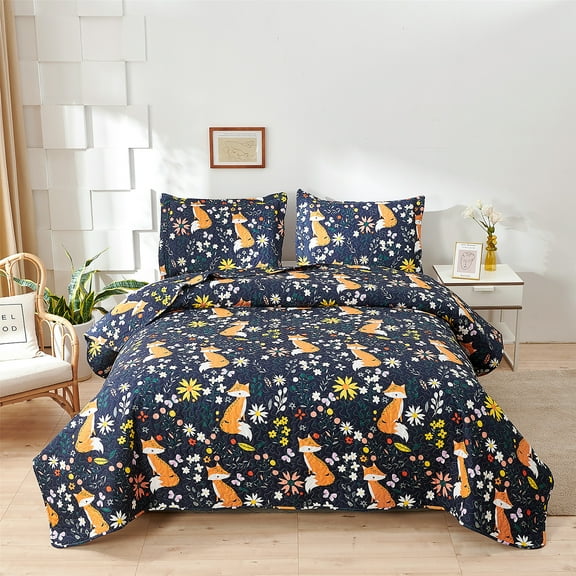 Smuge Quilt Set Blue Chrysanthemum Fox -Bedspread Coverlet Set 3-Piece Soft Reversible Includes: 1 Quilt, 2 Pillow Shams