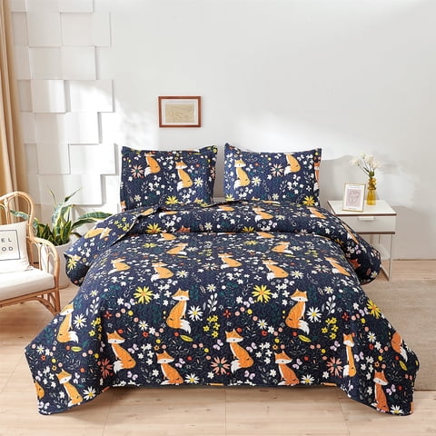 Smuge Quilt Set Blue Chrysanthemum Fox -Bedspread Coverlet Set 3-Piece Soft Reversible Includes: 1 Quilt, 2Pillowcases