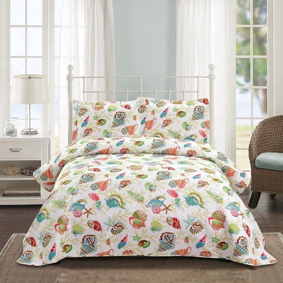 Smuge 3Pcs Full Queen Quilt Set Soft Microfiber Reversible Bedspread Yellow Seashell Print with Pillow Shams