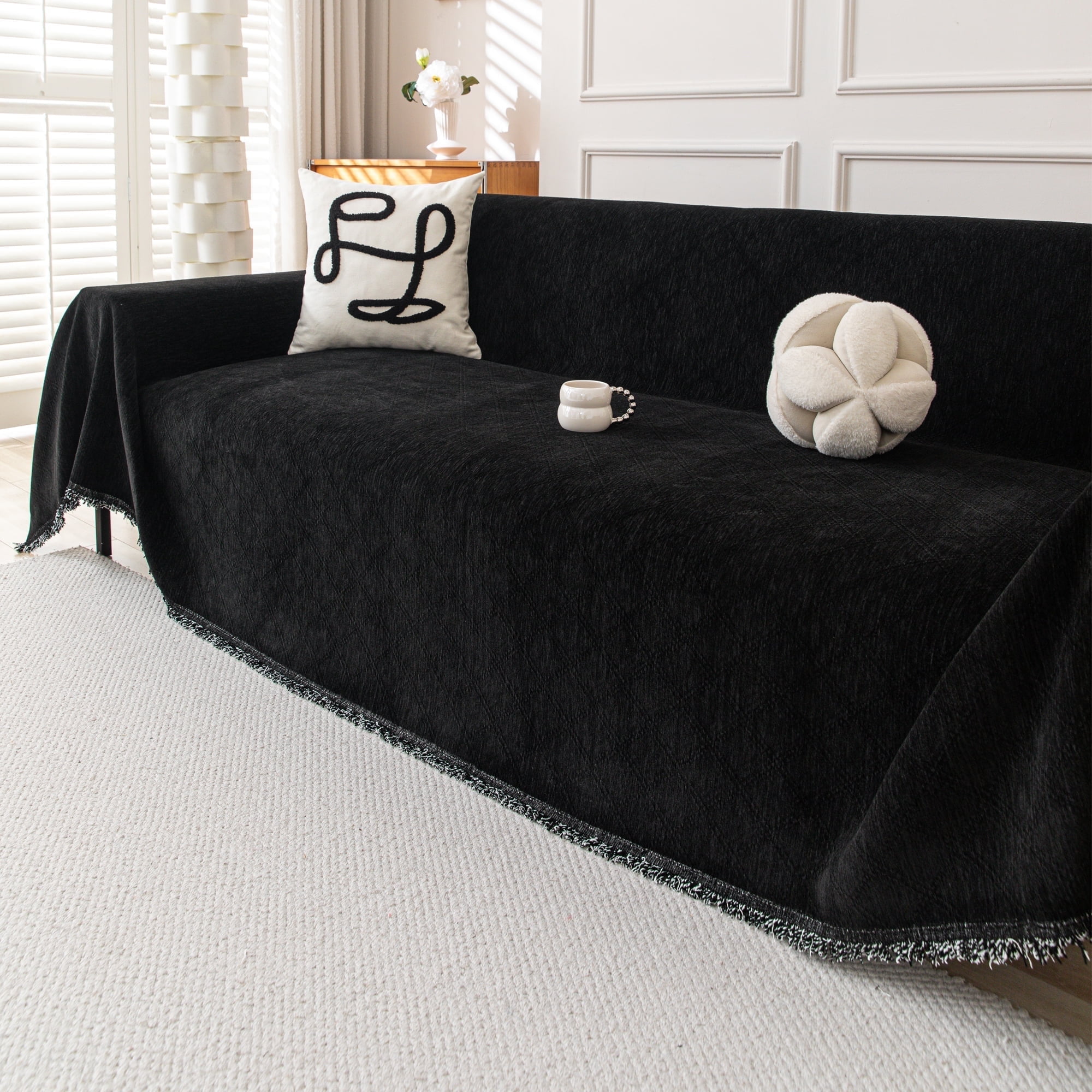 Smuge Sofa Cover, Sofa Slipcovers Couch Covers Protector 3 Cushion Throw Sofa Towel for L Shaped Couch Suitable for All Seasons (71"x 118", Black)