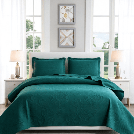 Smuge 3 Piece Full/Queen Size Solid Color Quilt Set, Reversible Microfiber Lightweight Bedspread Coverlet,Dark Green
