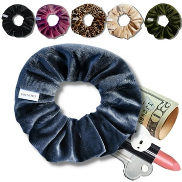 Smunchys Velvet Hair Scrunchie with Hidden Zipper Pocket Storage, Ponytail Holder Hair Tie, Deep Blue
