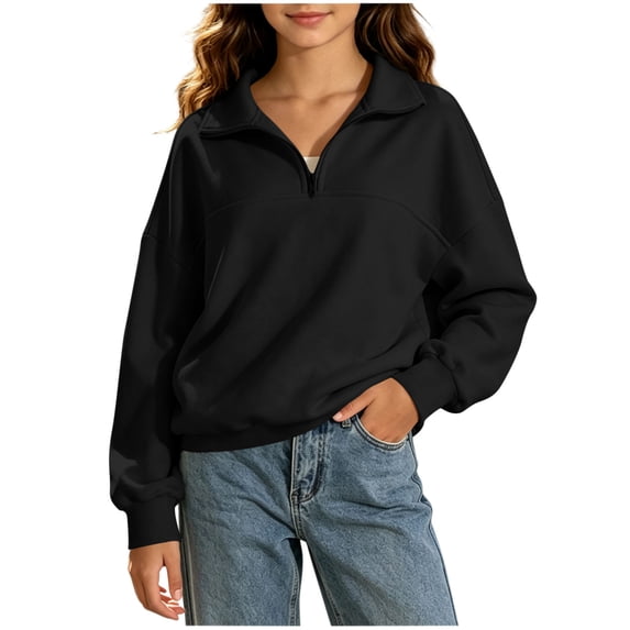 Smupbvk Girls 1/4 Zip up Sweatshirt Drop Shoulder Collared Tops Casual Fall Winter Cute Cuffed Long Sleeve Pullover (13-14 Years, Black)