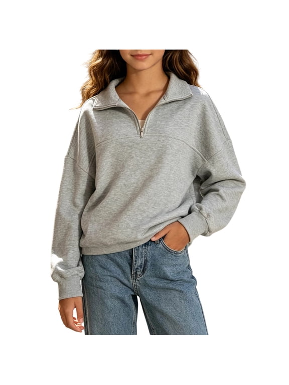 Smupbvk Girls 1/4 Zip up Sweatshirt Drop Shoulder Collared Tops Casual Fall Winter Cute Cuffed Long Sleeve Pullover (13-14 Years, Gray)