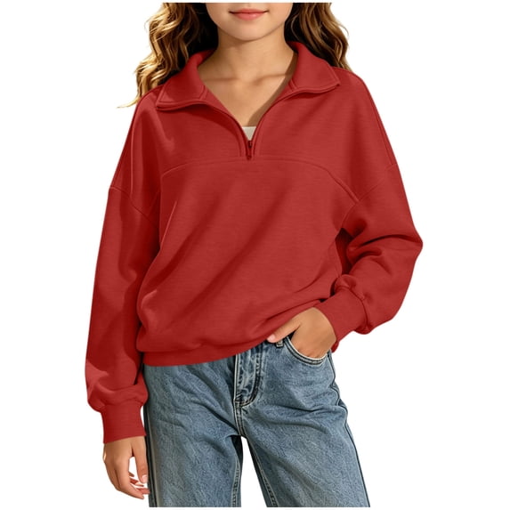 Smupbvk Sweatshirts for Girls Fall 1/4 Zip Up Pullover Cute Collared Long Sleeve Tops with Ribbed Cuffs, Red Size 5-6