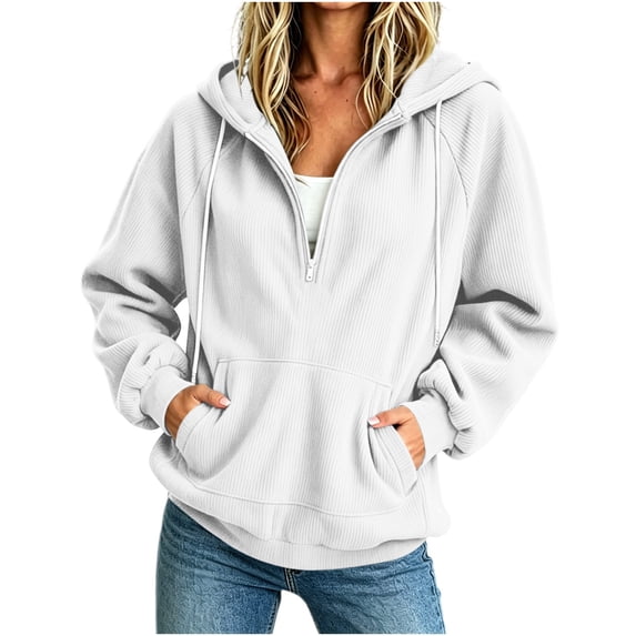 Smupbvky Corduroy Hoodie for Women Half Zipper Raglan Pullover Winter Sweatshirt Casual Top With Pockets