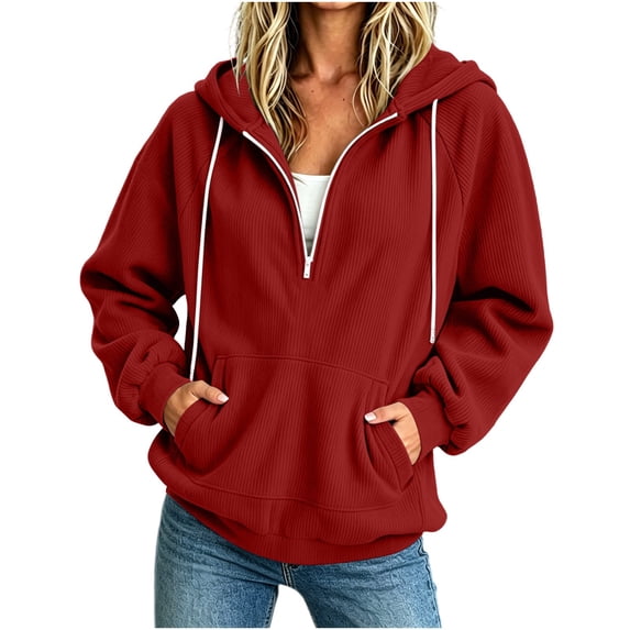 Smupbvky Corduroy Hoodie for Women Half Zipper Raglan Pullover Winter Sweatshirt Casual Top With Pockets