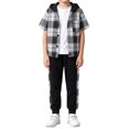 thumbnail image 1 of Smupbvky Cotton Hooded Boys Outfits 2 Piece Plaid Short Sleeve Shirt and Joggers Set Spring Summer Casual Sportswear (5-6 Years, Black), 1 of 8