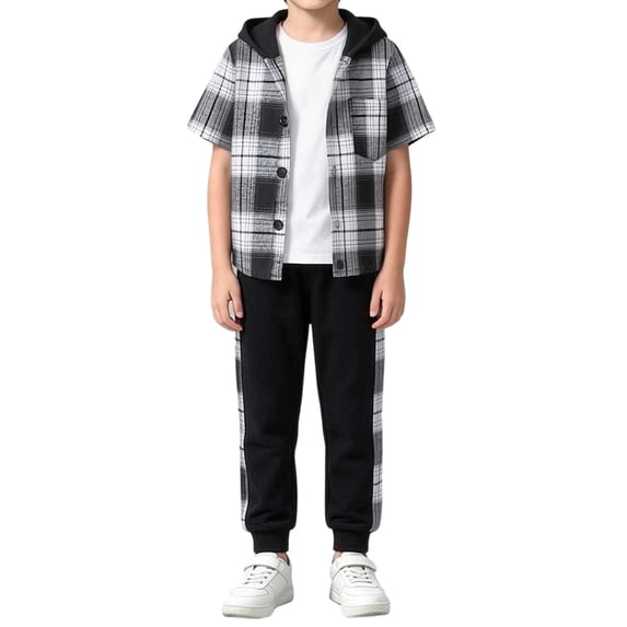 Smupbvky Cotton Hooded Boys Outfits 2 Piece Plaid Short Sleeve Shirt and Joggers Set Spring Summer Casual Sportswear (5-6 Years, Black)
