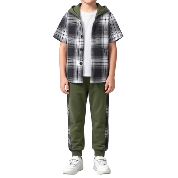 Smupbvky Cotton Hooded Boys Outfits 2 Piece Plaid Short Sleeve Shirt and Joggers Set Spring Summer Casual Sportswear (6-7 Years, Army Green)