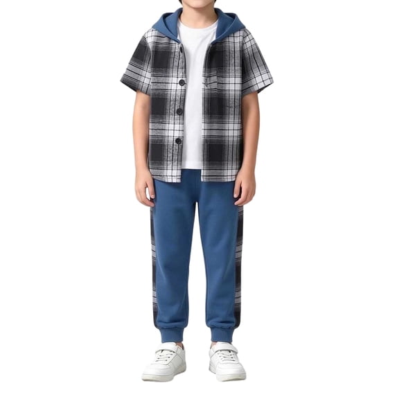 Smupbvky Cotton Hooded Boys Outfits 2 Piece Plaid Short Sleeve Shirt and Joggers Set Spring Summer Casual Sportswear (6-7 Years, Blue)