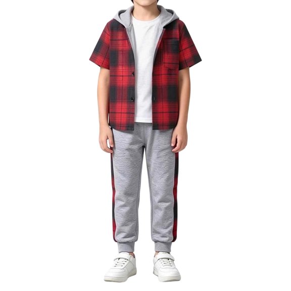 Smupbvky Cotton Hooded Boys Outfits 2 Piece Plaid Short Sleeve Shirt and Joggers Set Spring Summer Casual Sportswear (7-8 Years, Red)