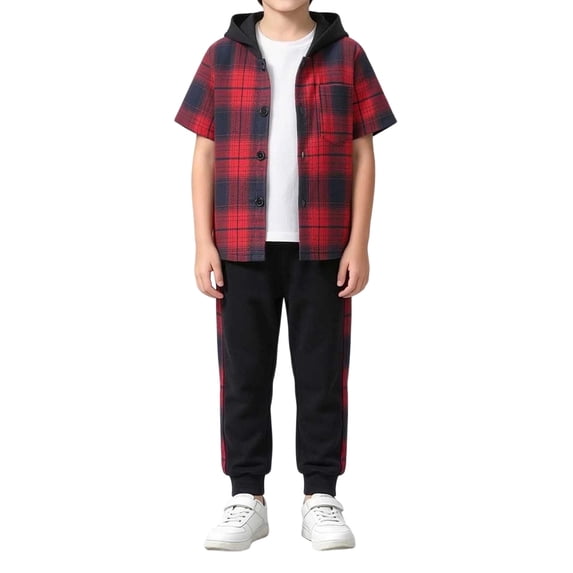 Smupbvky Cotton Hooded Boys Outfits 2 Piece Plaid Short Sleeve Shirt and Joggers Set Spring Summer Casual Sportswear (7-8 Years, Red)
