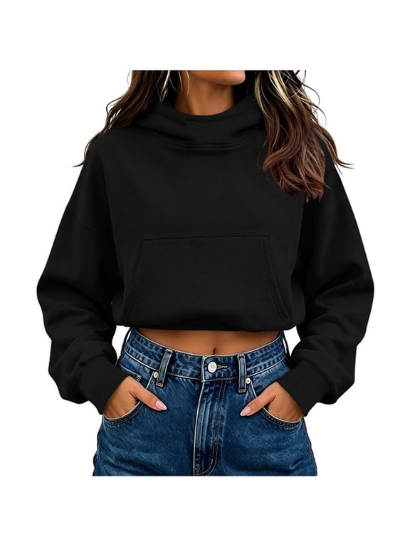 Cropped Hoodie for Women Trendy Drop Shoulder Pullover Casual Fall Long Sleeve Tops with Pocket (M, Black)