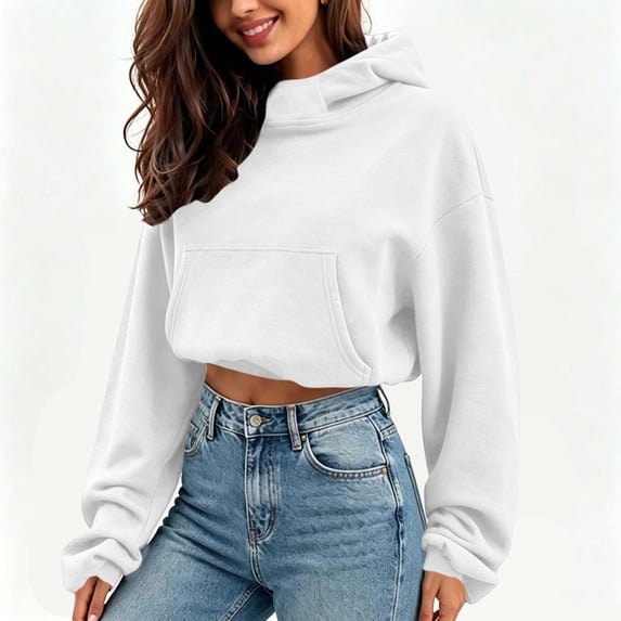 Smupbvky Cropped Hoodie for Women Trendy Long Sleeve Pullover Fall Casual Cozy Tops with Pocket for Everyday, White S