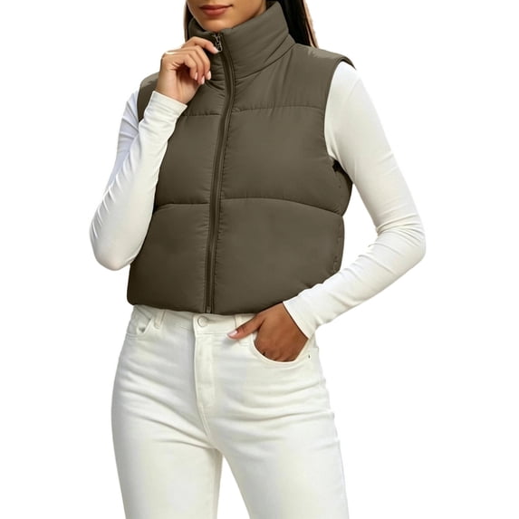 Smupbvky Cropped Vest for Women Zip Up Sleeveless Quilted Jacket Lightweight Mock Neck Winter Outerwear for Layering (M, Army Green)